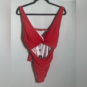 AIMAGE Red One Piece Swimsuit XXL Cut Out Twist Front Ruched Tummy Control NWT